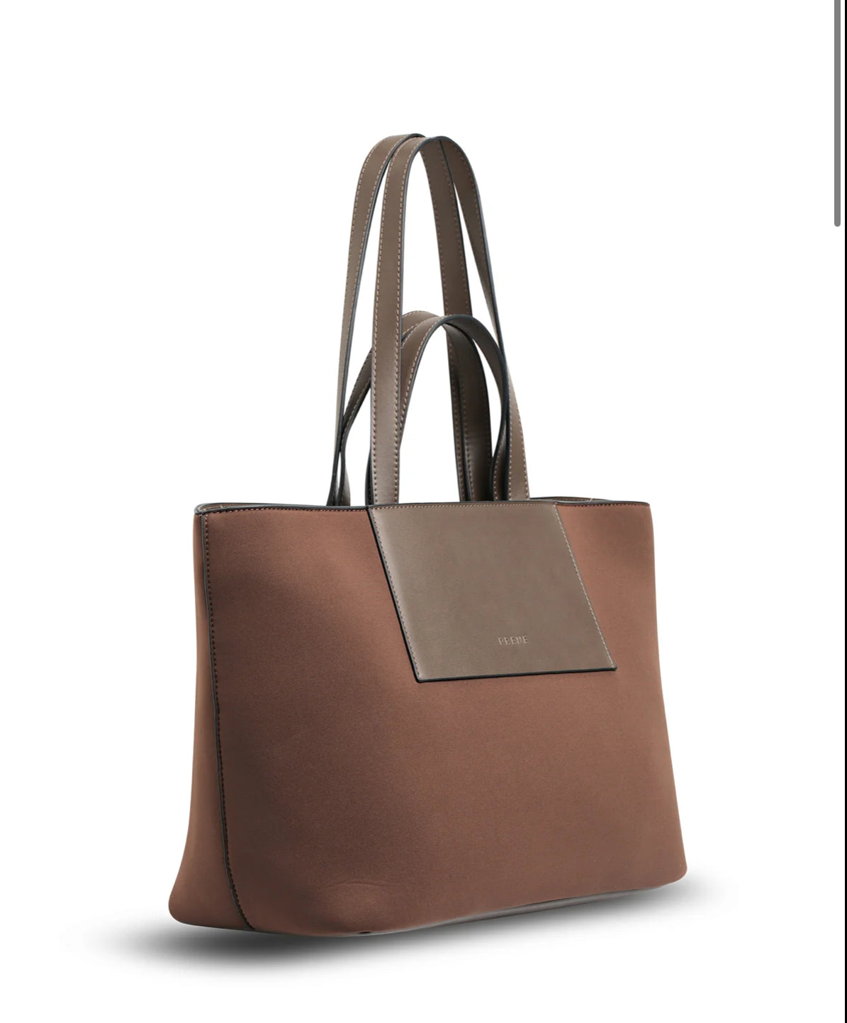 Side angle of Expresso Brown Prene Blake Tote showing structured silhouette and durable material