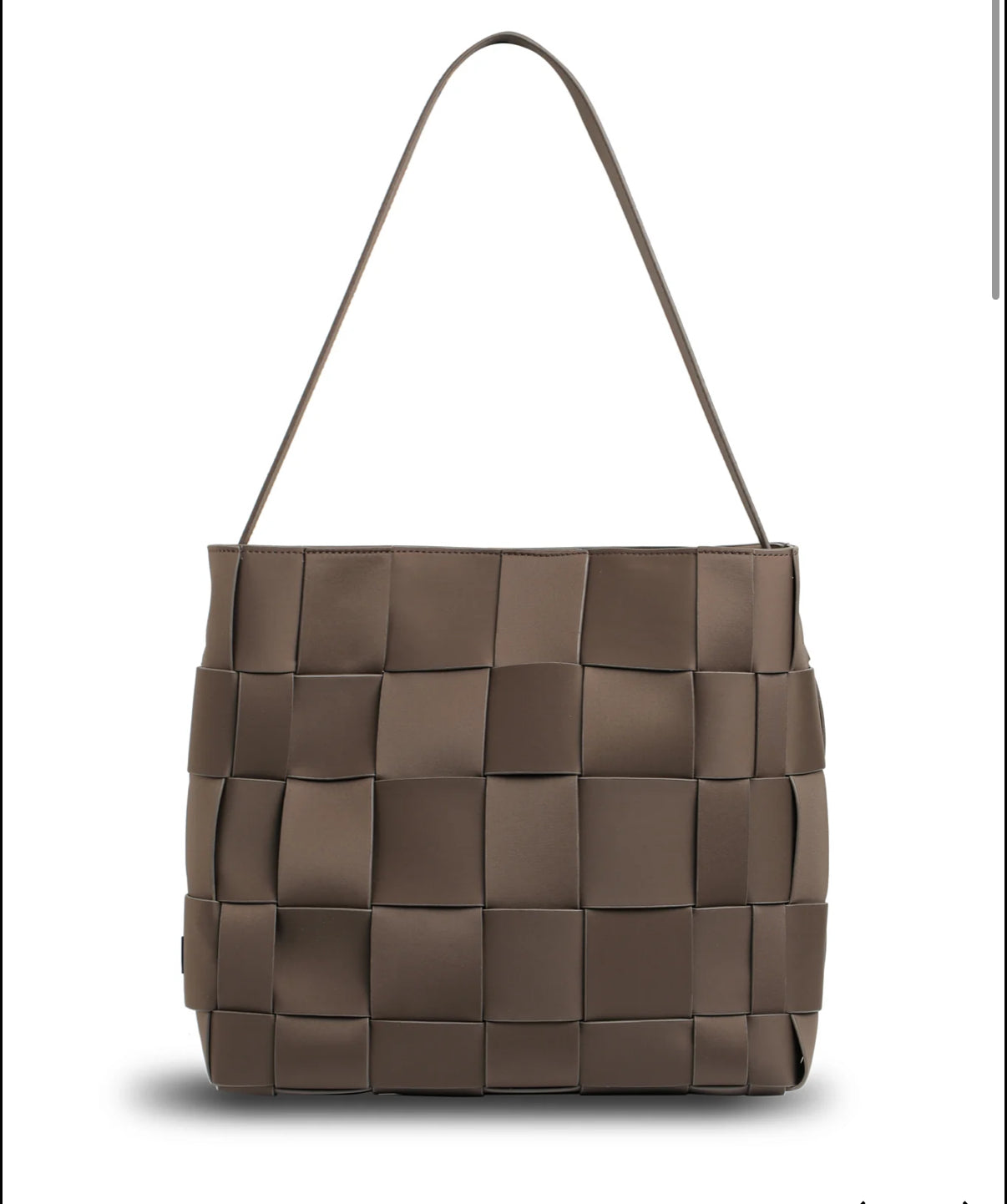 "Side angle of cocoa-colored Prene Scarlett Shoulder Bag showing adjustable strap and sleek design"