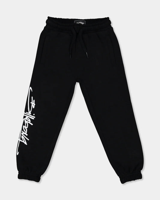 Billabong Logo Track Pants in black with elastic cuffs and logo print on the leg