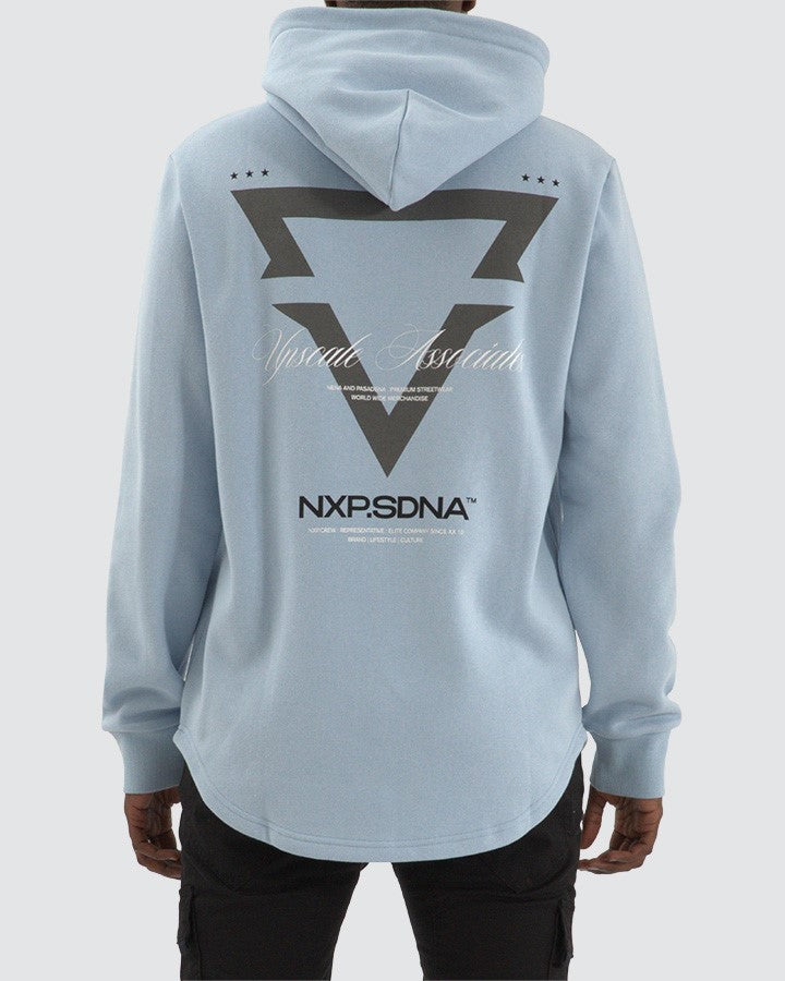 Back view of NXP Defend Dual Curved Hoodie in Skyway blue with bold triangle graphic and logo – relaxed fit streetwear hoodie.