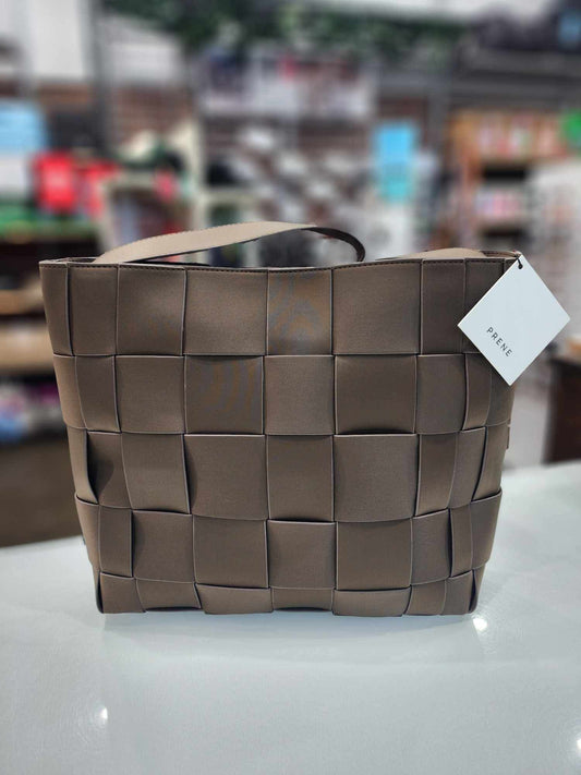 Front view of Prene The Scarlett Woven Shoulder Bag in Cocoa with textured woven neoprene finish