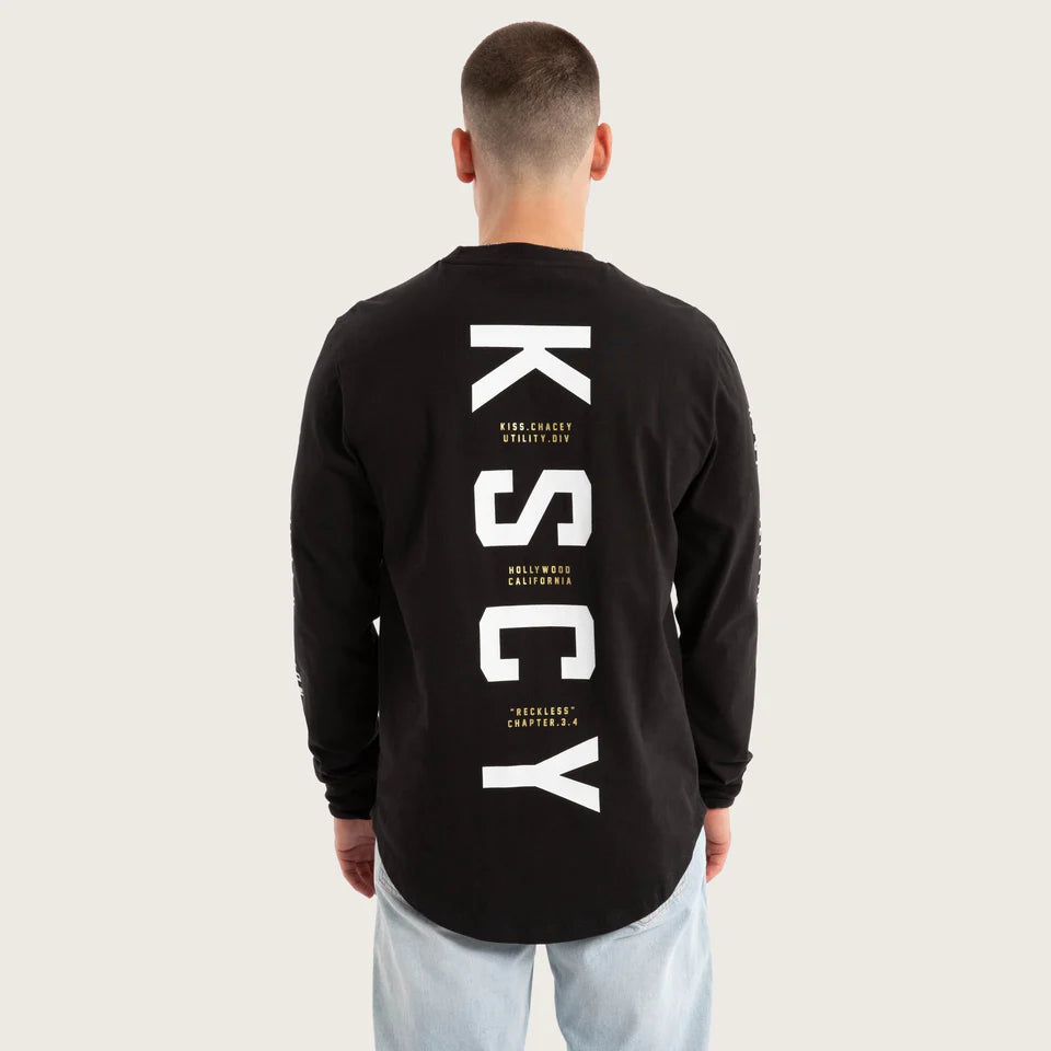 Kiss Chacey Lancer Long Sleeve Tee in black with dual curved hem and large back print