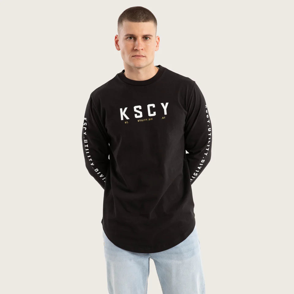 Kiss Chacey Lancer Long Sleeve Tee in black with dual curved hem and bold chest print