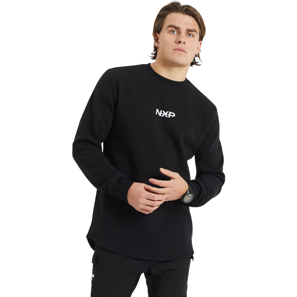 NXP Vault Dual Curved Sweater – black crewneck with curved hem and NXP chest branding Front