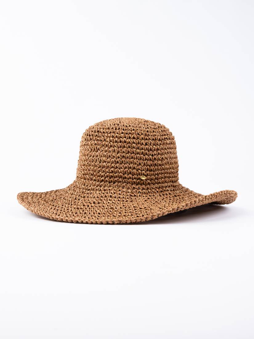 A brown straw wide-brimmed hat on a white background.