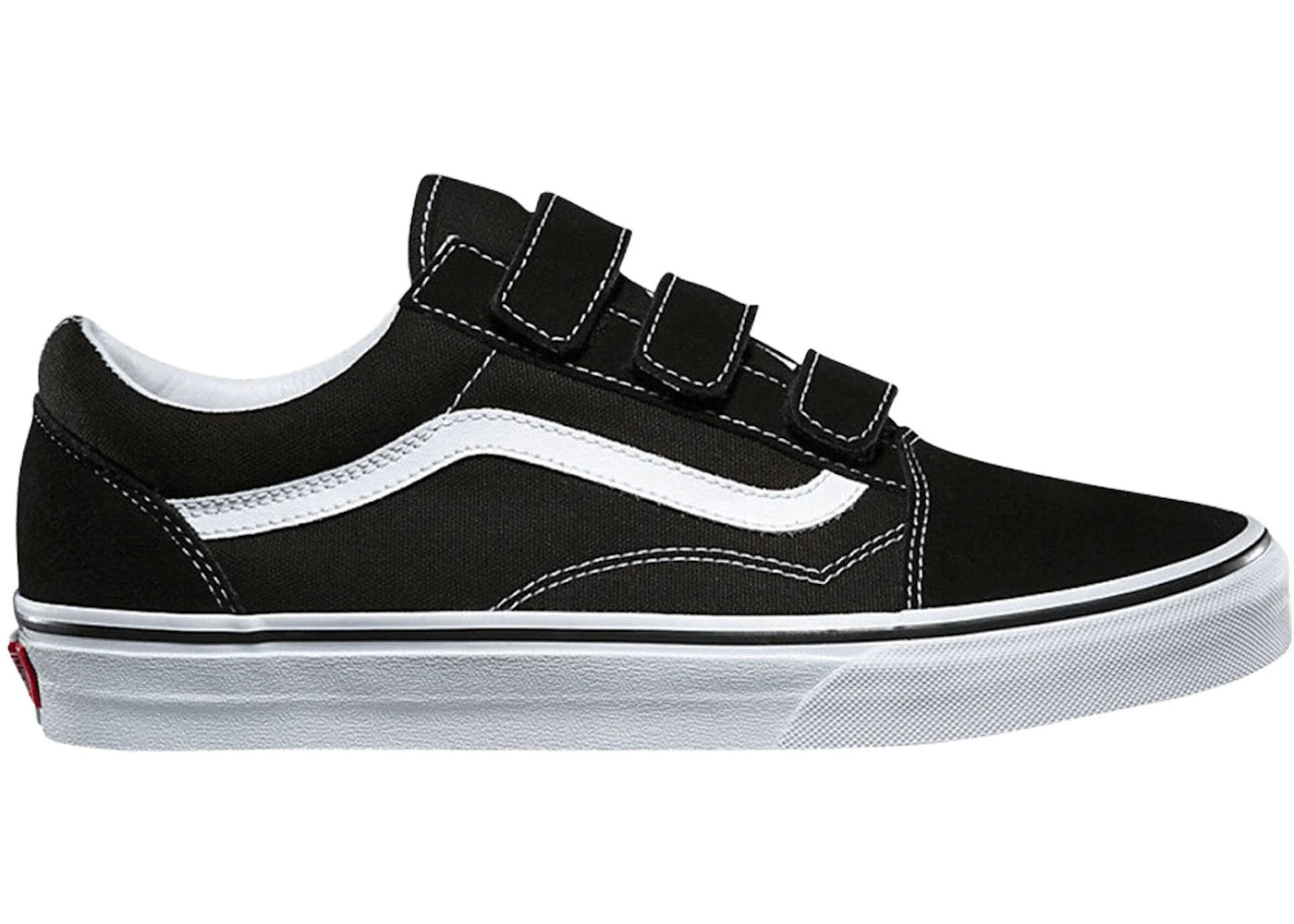Side profile of the Vans Old Skool V Adult sneaker in black with Velcro straps and white side stripe.