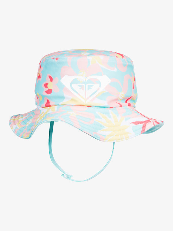 Floral toddler Roxy bucket hat with chin strap and colorful pastel flower print.