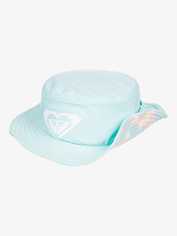 Light blue toddler Roxy bucket hat with white logo and pastel patterned side flaps.