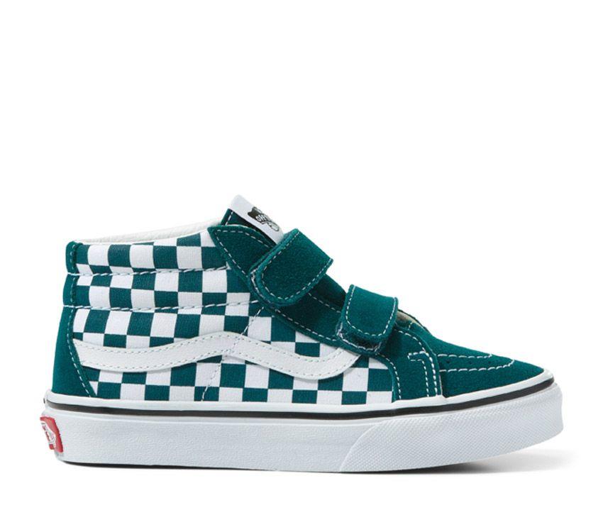 Side view of Vans Sk8-Mid Reissue kids' sneaker in green and white checkerboard with velcro straps.