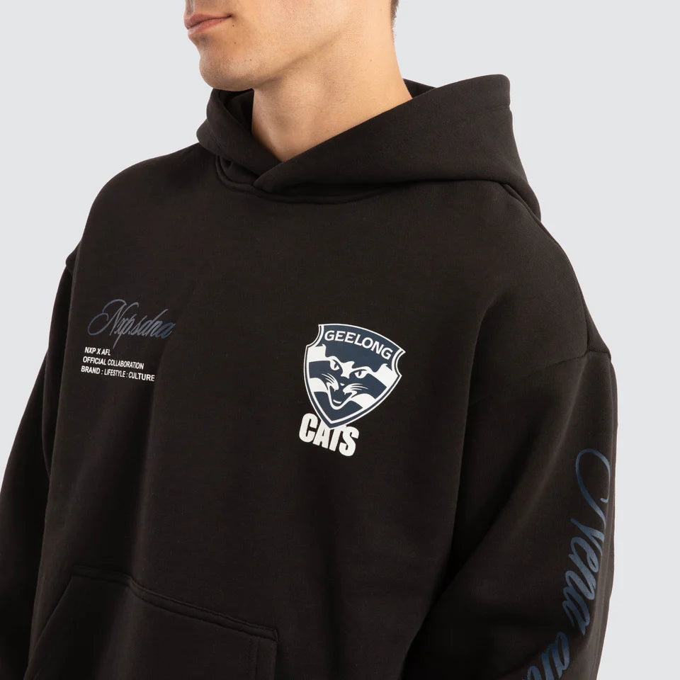 Black hoodie with logos on a plain background
