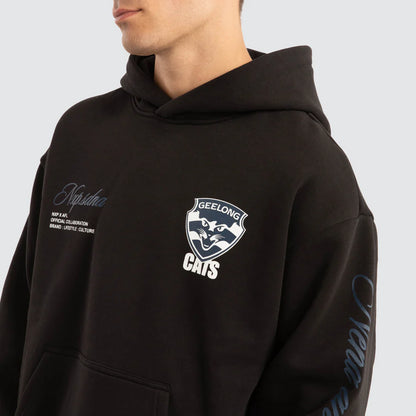 Black hoodie with logos on a plain background