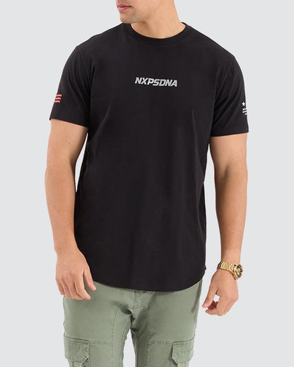 Front view of NXP Stetson Dual Curved Tee showing bold NXP Stetson logo and modern curved hem design.