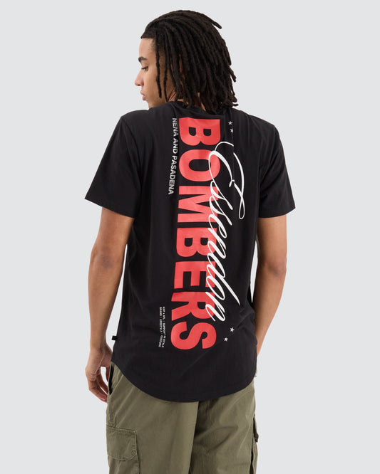 Back view of the NXP Essendon Dual Curved Tee featuring bold vertical BOMBERS graphic.