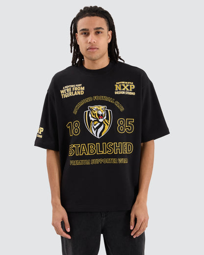 Front view of the NXP Richmond Mega Back Tee featuring Richmond Football Club graphics and bold "Established" print.