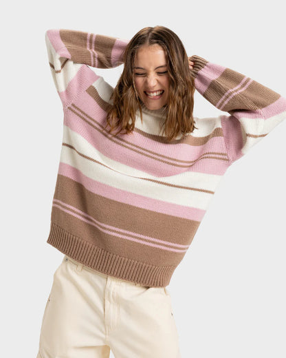 Roxy Love Again Knit Jumper in pink and cream stripe pattern worn by model