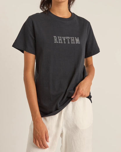 Black Rhythm Flagship Boyfriend Tee styled casually on model