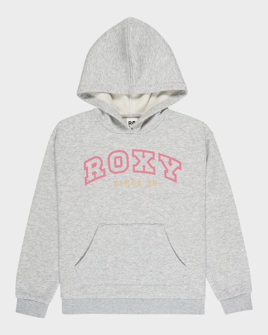Grey Roxy Surf Feeling Girls Hoodie with pink logo and front pocket