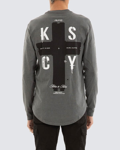 Back view showing bold graphic print and relaxed fit