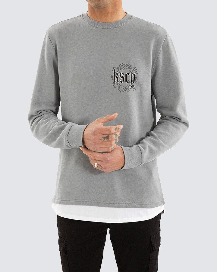 Front view of Kiss Chacey Weary Layered Sweater in Pigment Ultimate Grey