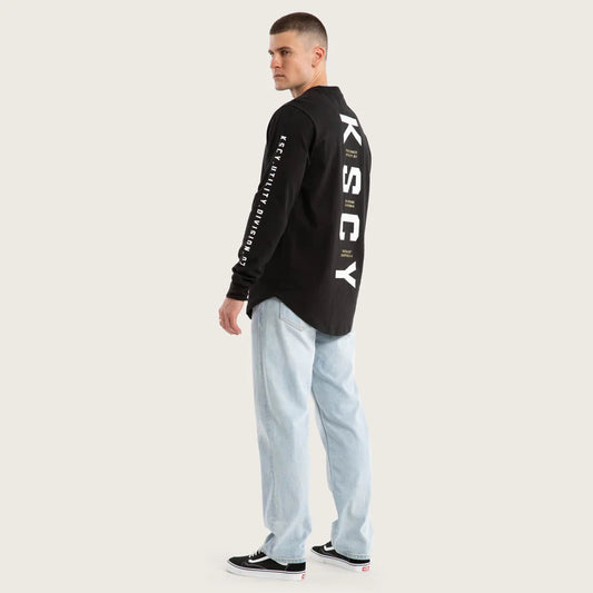 Kiss Chacey Lancer Long Sleeve Tee in black with dual curved hem and bold back print