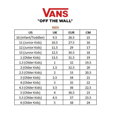 Old skool vans size clearance chart