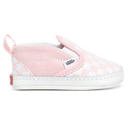 Vans Slip-On V Crib baby shoe in pink and white checkerboard with elastic side and soft sole