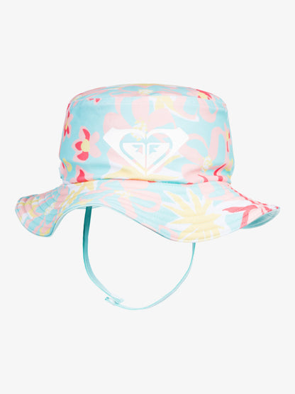 Floral toddler Roxy bucket hat with chin strap and colorful pastel flower print.