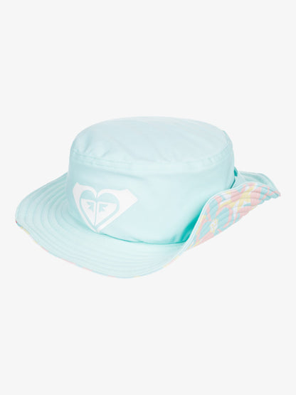 Light blue toddler Roxy bucket hat with white logo and pastel patterned side flaps.